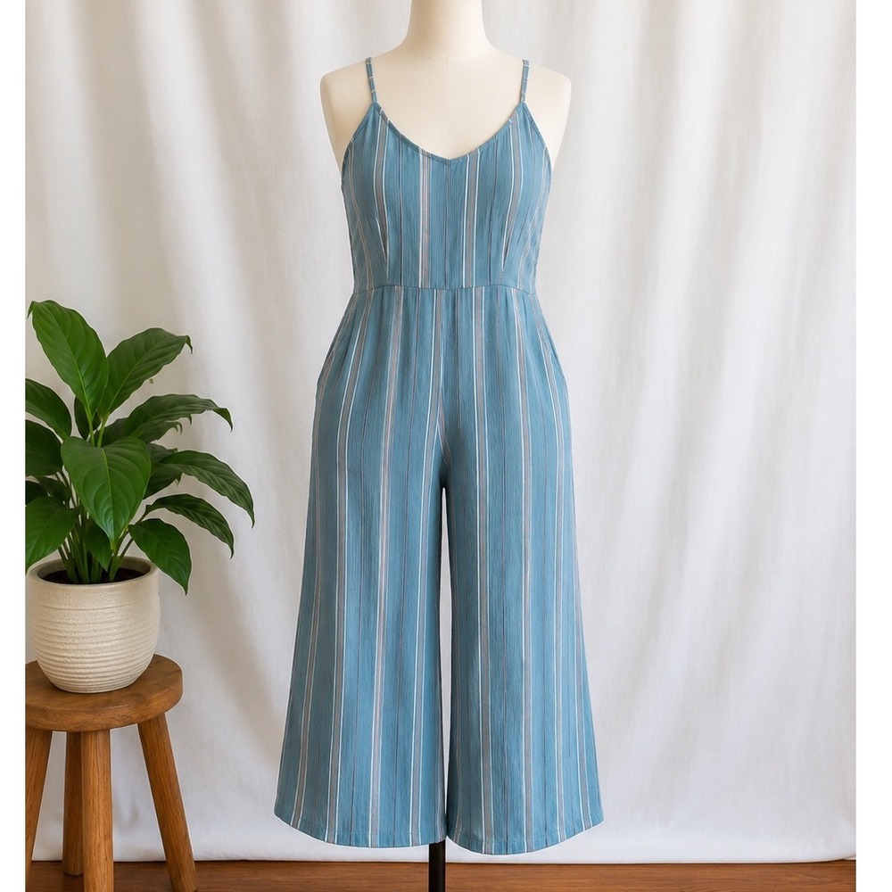 O'Neill Blue Striped Wide Leg Jumpsuit Tie Back Crinkle Gauze Womens Medium